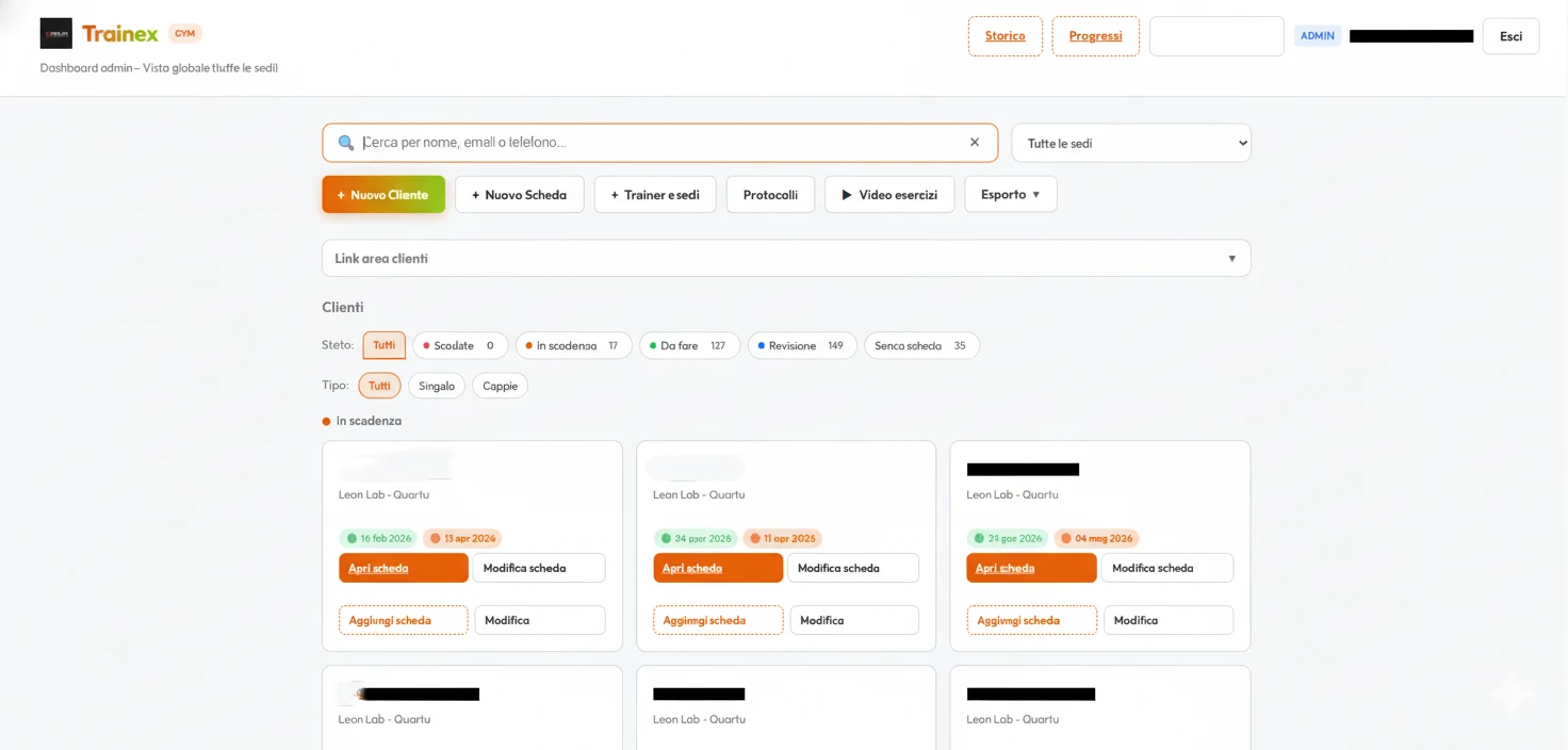 Trainex: viste su schede, protocolli e avanzamento clienti per sede